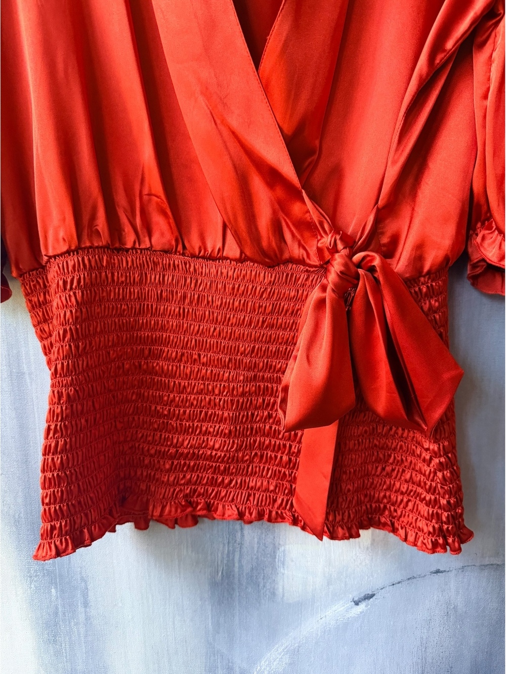 Ashley Stewart Poppy Red Orange Satin Wrap Blouse 14W - Picture 4 of 7